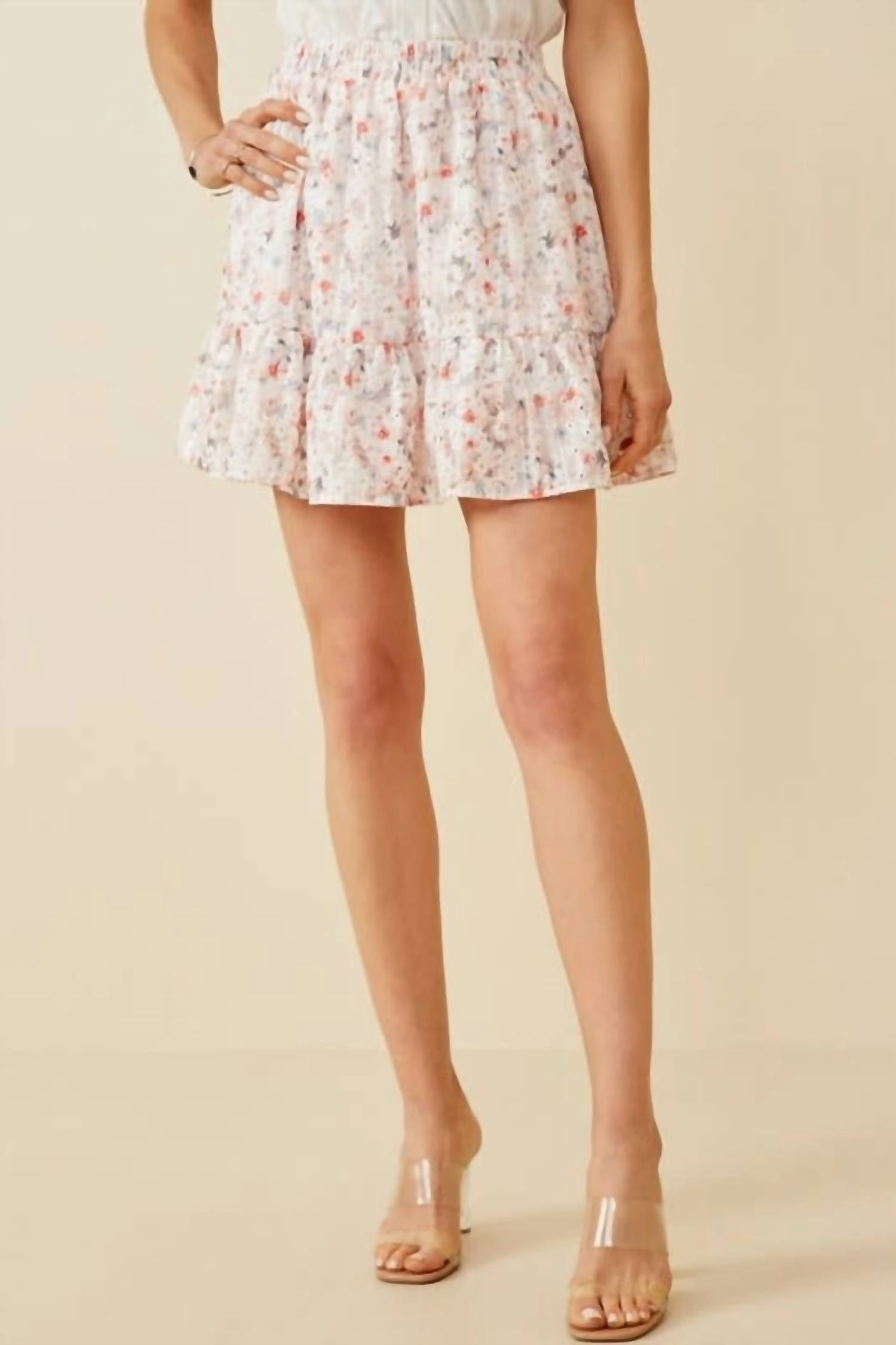 Eyelet Embroidered Floral Elastic Waist Mini Skirt In Pink Office Appropriate