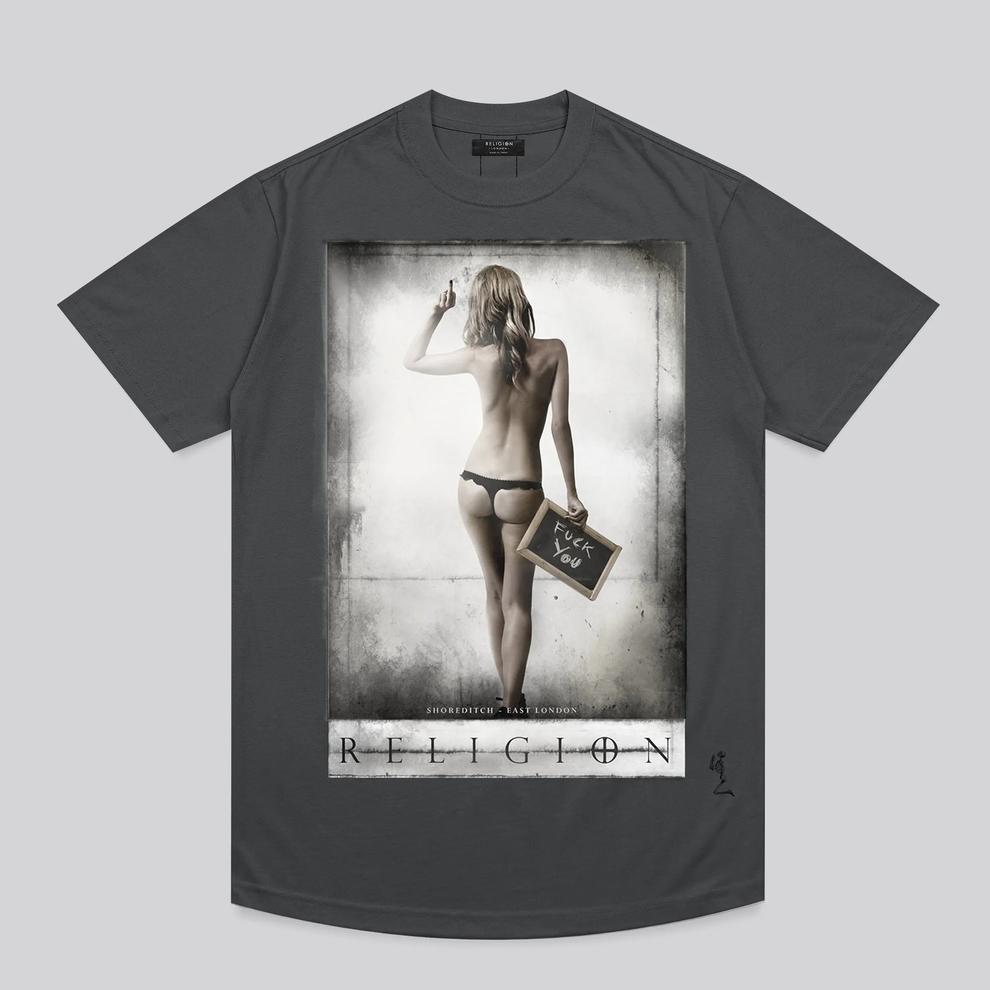 Trendy Comfort All-Season Comfort Wear F-YOU T-SHIRT WASHED BLACK CURVED HEM