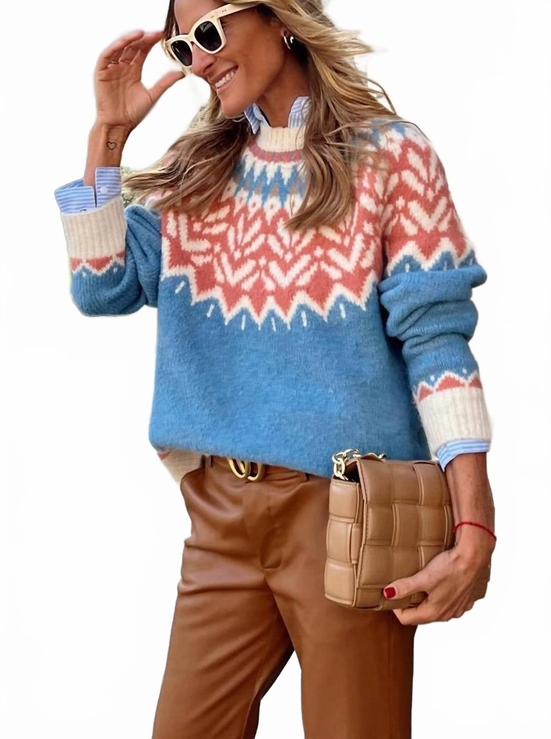 Fair Isle Knit Sweater In Multicolor Ribbed cuff Soft Knitwear