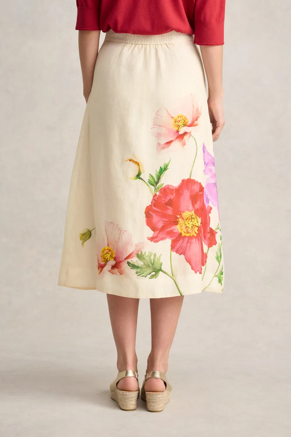 Slip Resistant Waist Ramie A-Line Skirt ?C Poppy Print