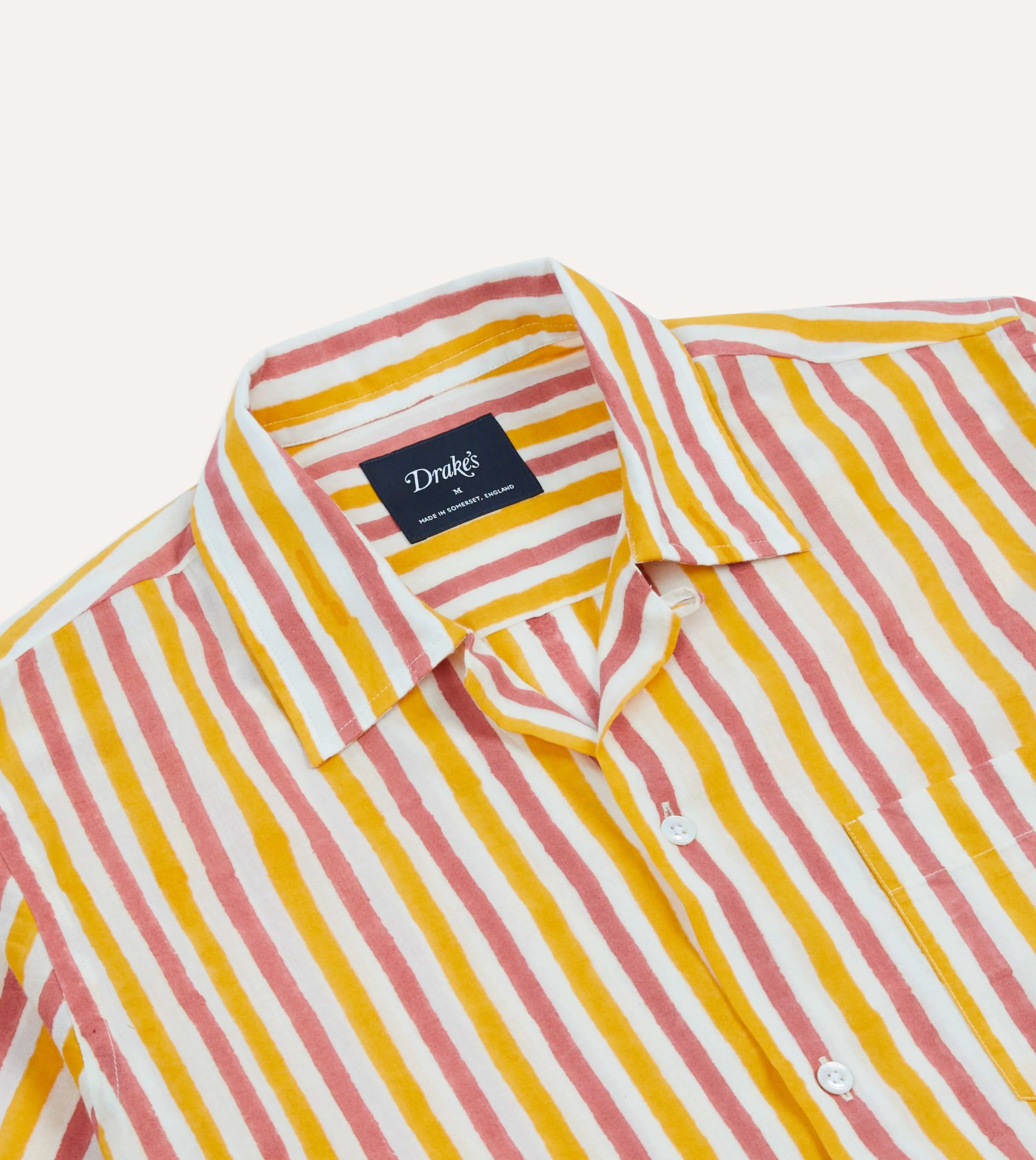 Special Occasion Yellow and Pink Stripe Block Print Cotton Camp Collar Short Sleeve Shirt