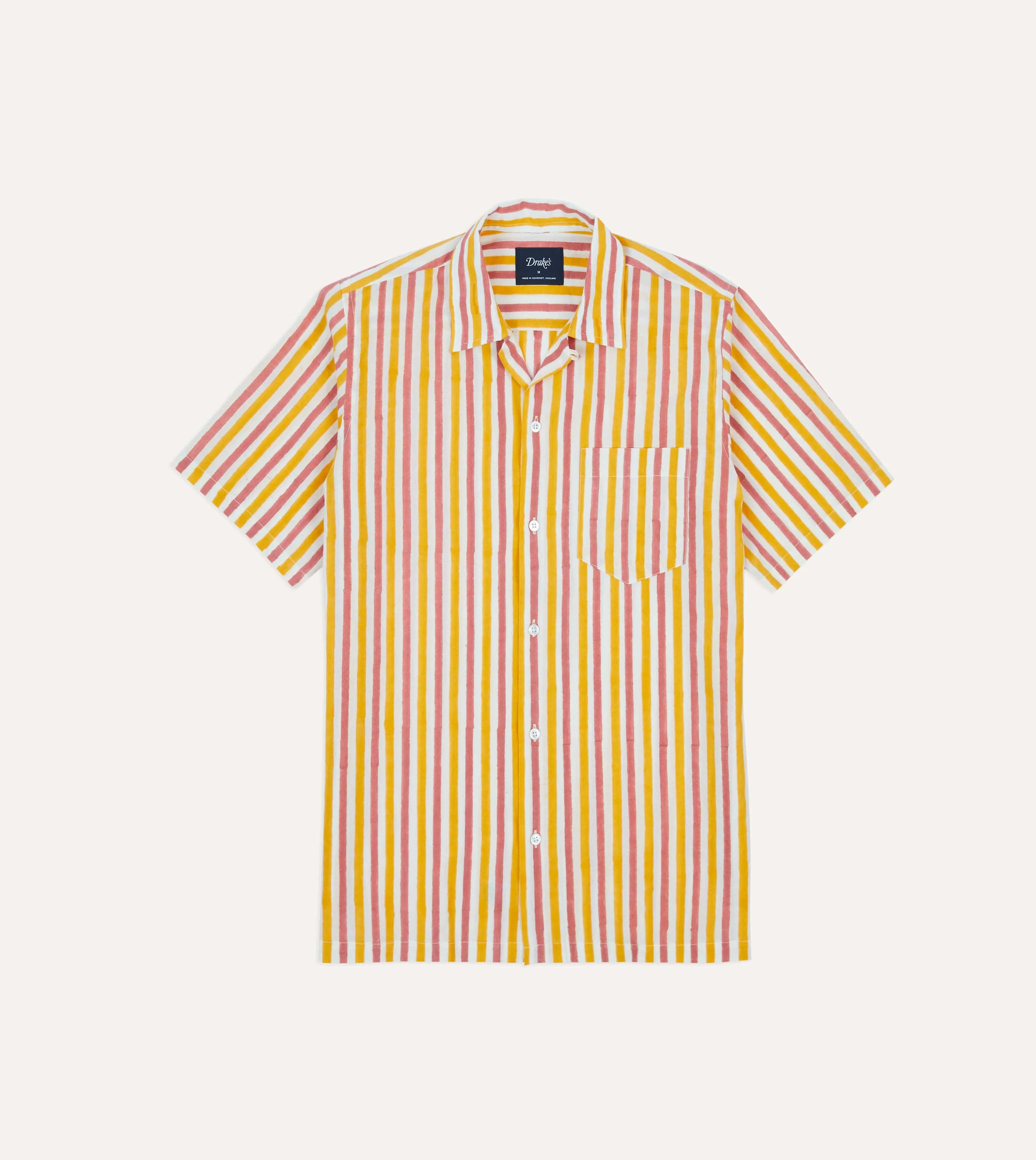 Polished Look Yellow and Pink Stripe Block Print Cotton Camp Collar Short Sleeve Shirt
