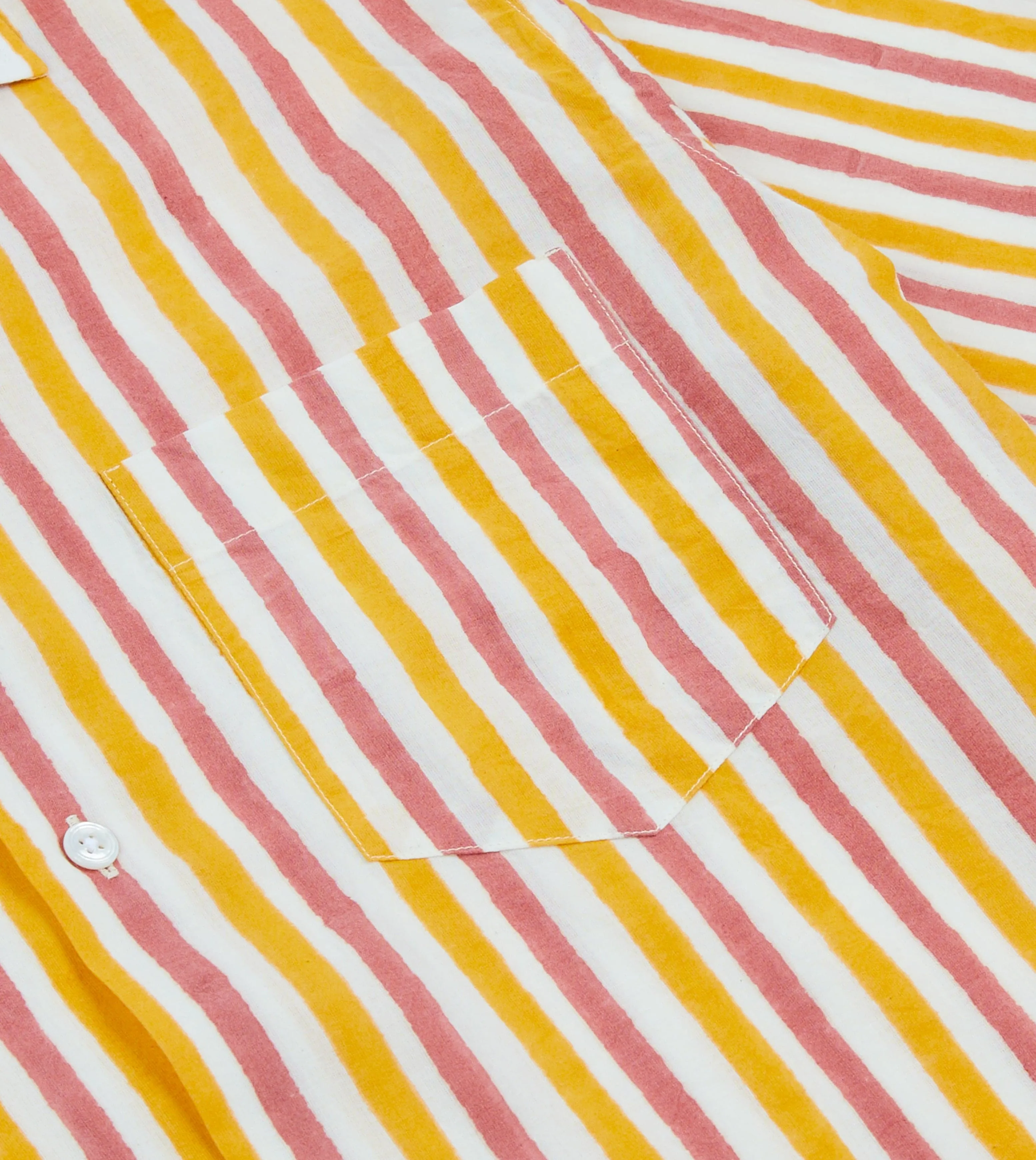 Edgy style Fitted Cut Yellow and Pink Stripe Block Print Cotton Camp Collar Short Sleeve Shirt