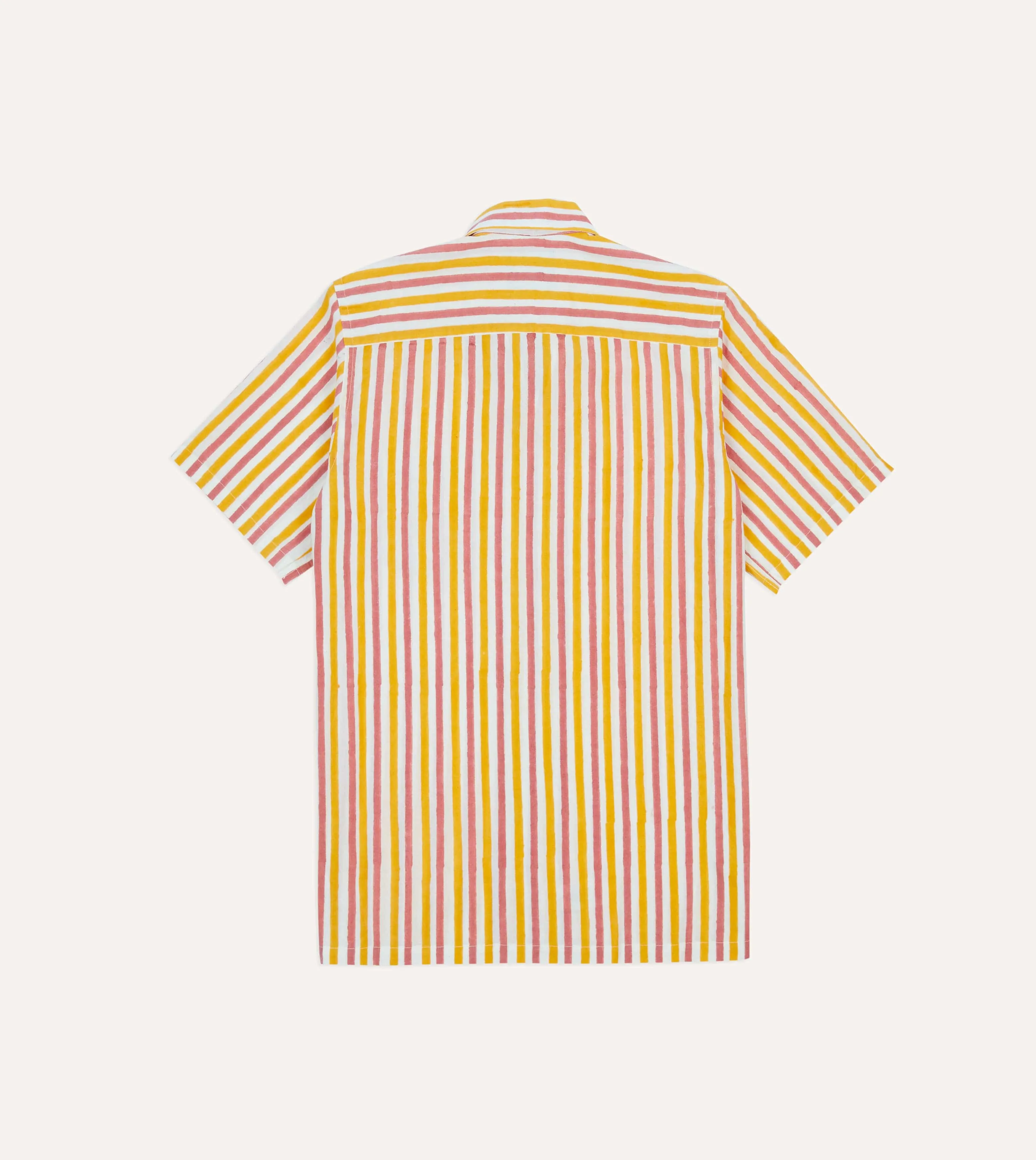 Yellow and Pink Stripe Block Print Cotton Camp Collar Short Sleeve Shirt Winter Fashion Youthful Style
