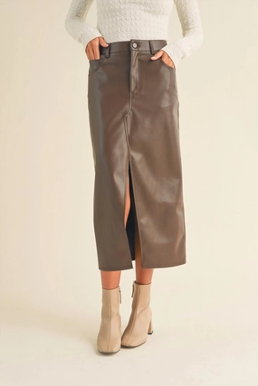 Pleather Slit Front Skirt In Brown Fashion Style