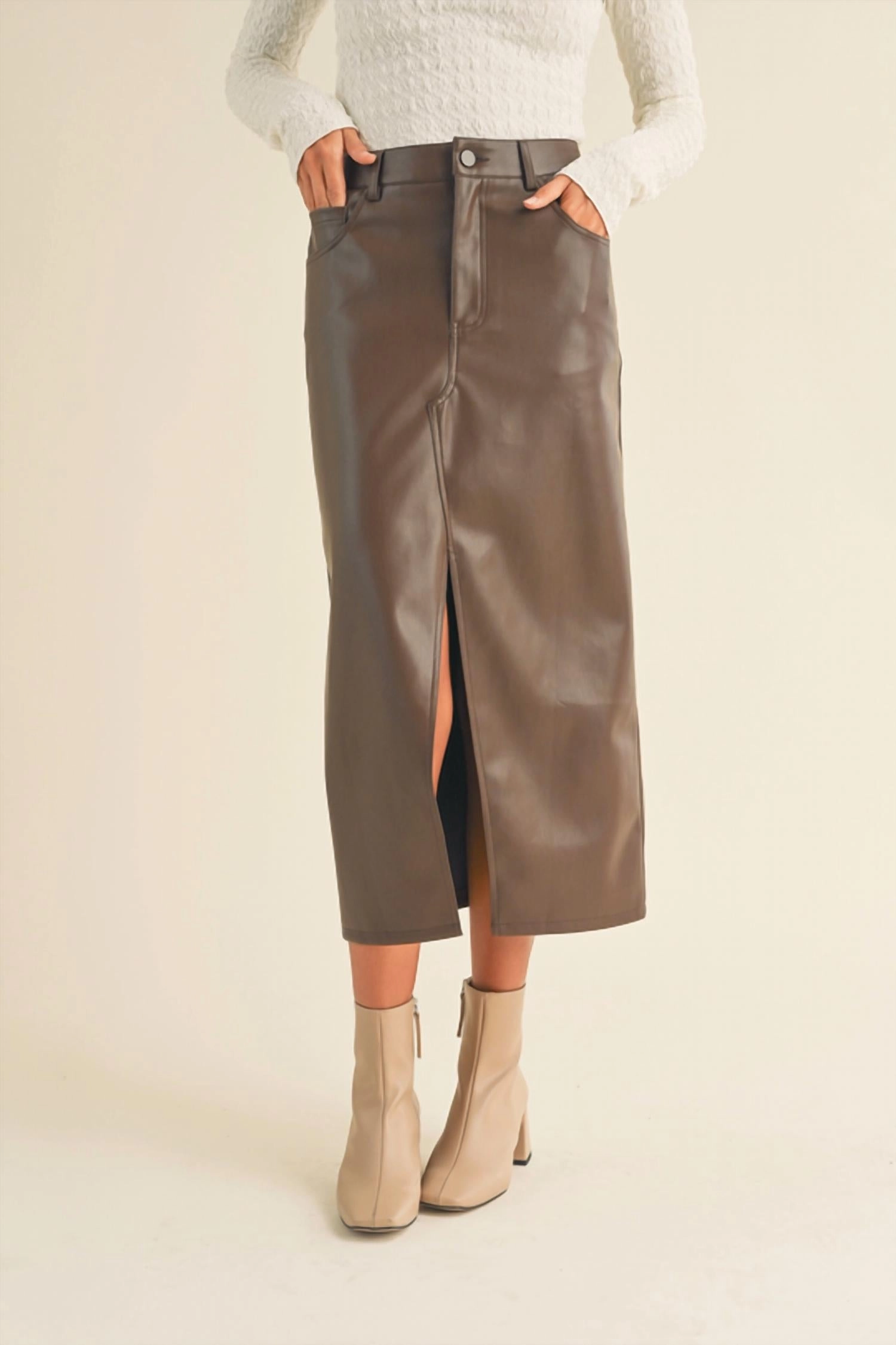 Pleather Slit Front Skirt In Brown Fashion Style