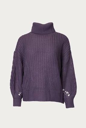 Cable-Knit Turtleneck Sweater In Dark Purple Grey Windproof Weave Layering Essential