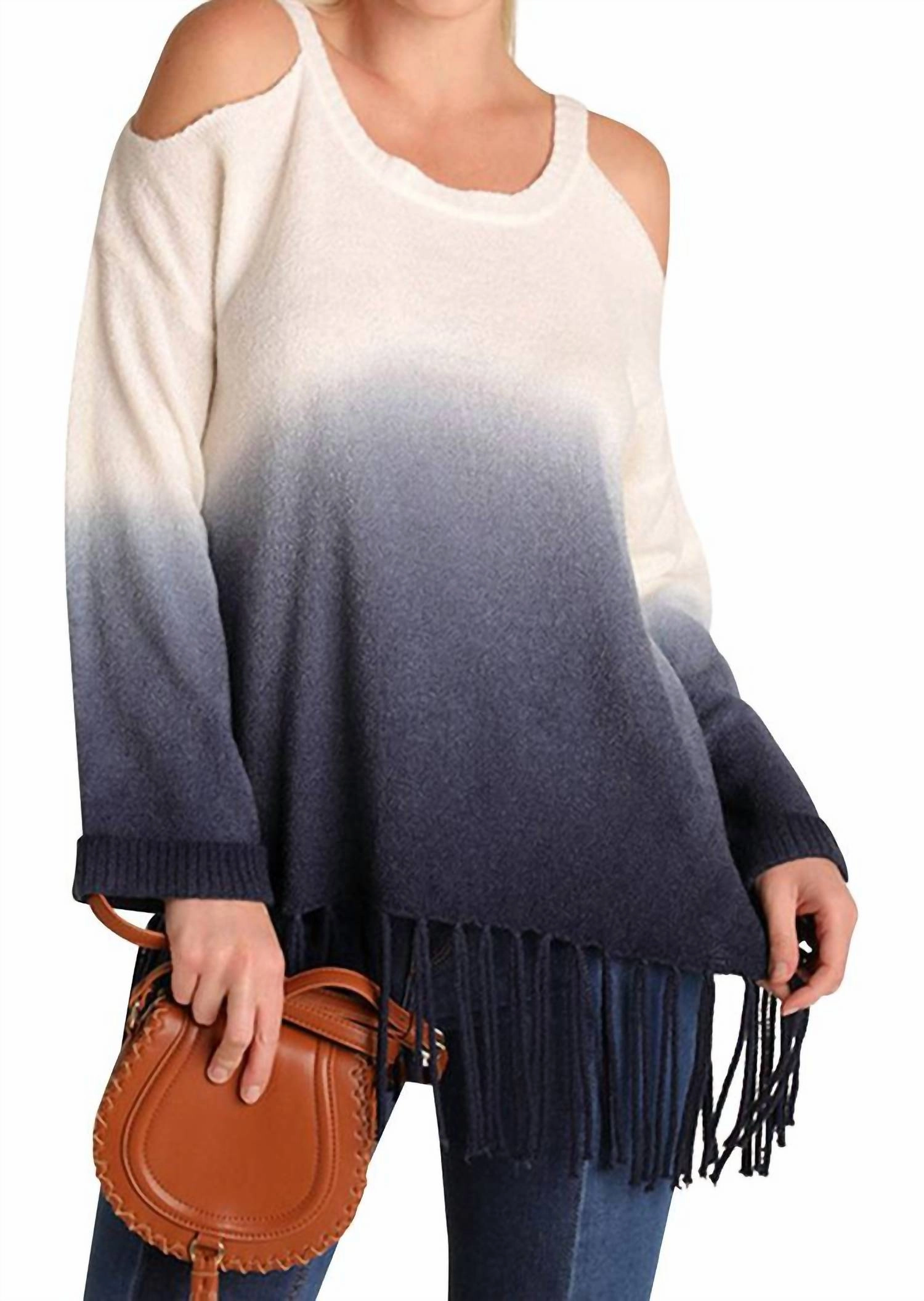 Ombre Cold Shoulder Fringe Sweater In Navy Versatile Layering Piece Chilly Day Essentials