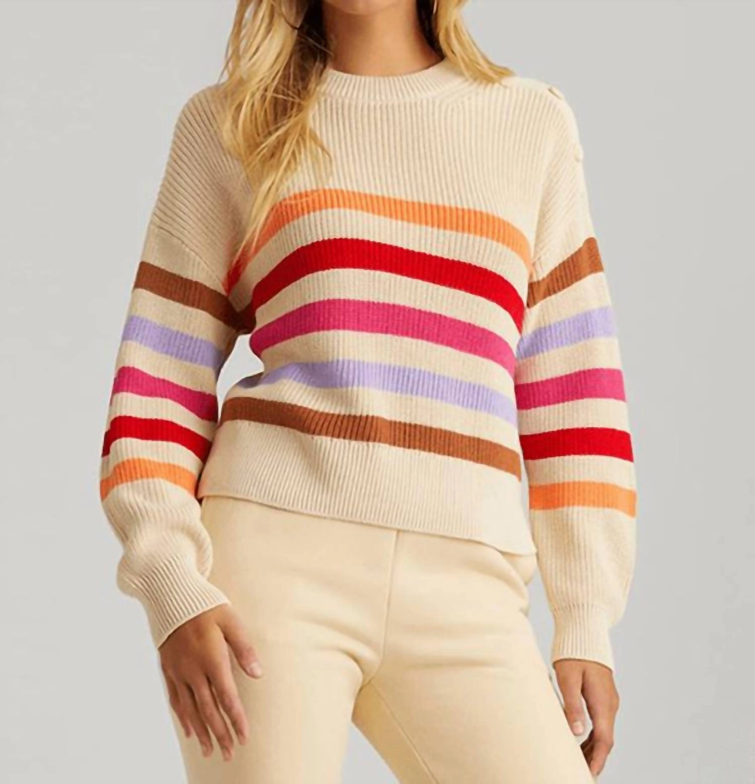 Breathable Wool Timeless Appeal Stripe Button Shoulder Pullover In Cream Multi