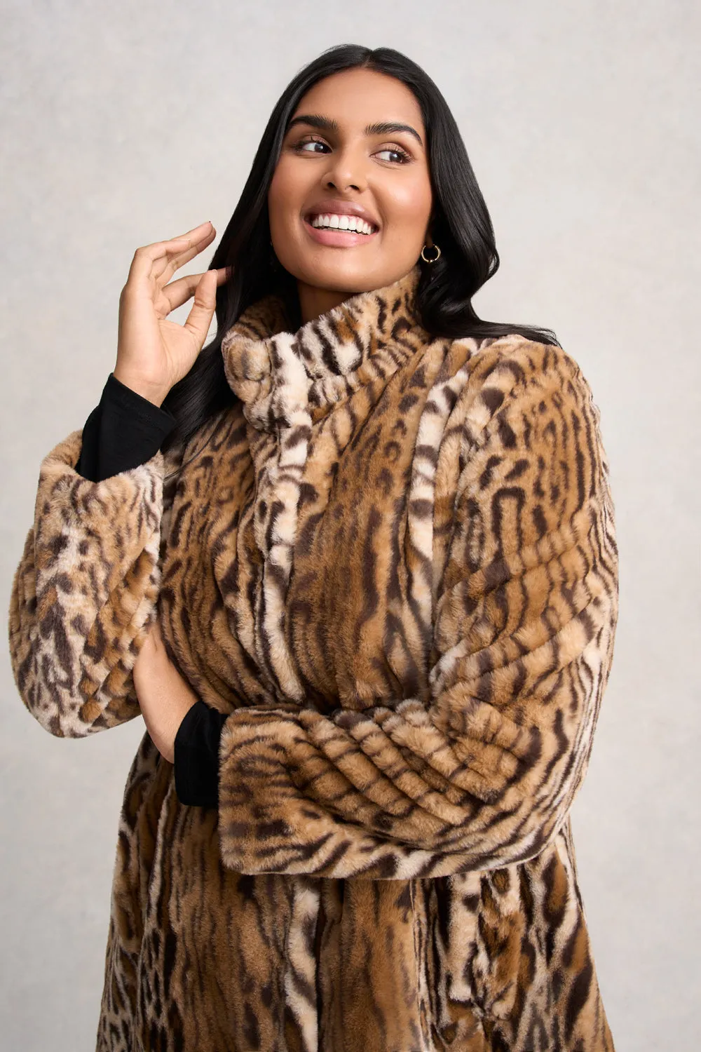 Soft Interior Brushing Faux Fur Coat - Ocelot Faux Fur