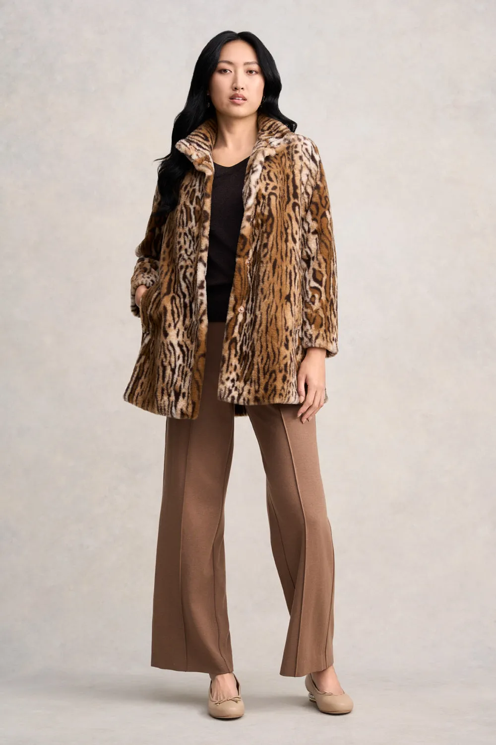 Packable design Low Profile Collar Faux Fur Coat - Ocelot Faux Fur
