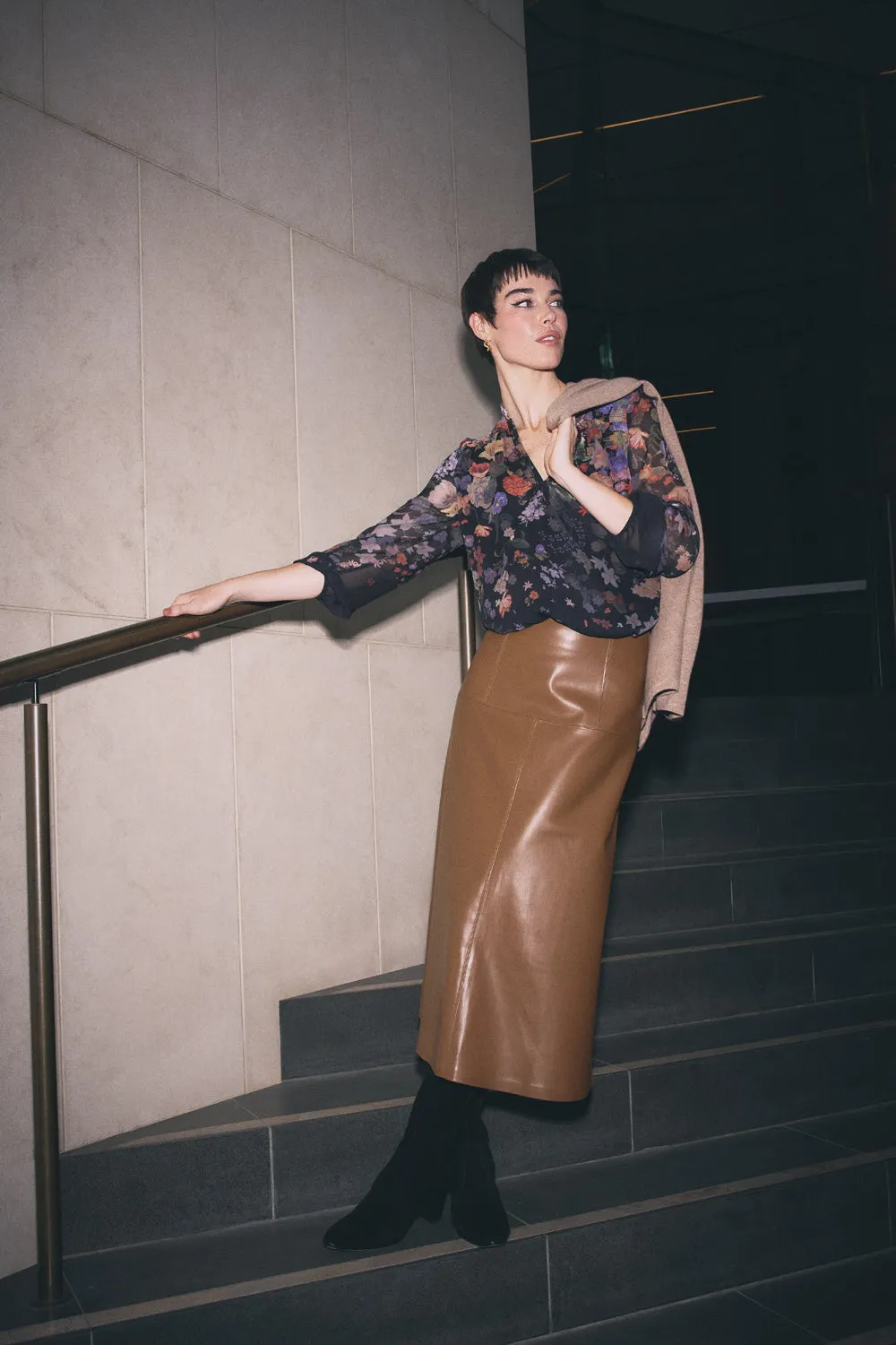 Flared hem Artistic Influence Faux Leather Skirt - Tan