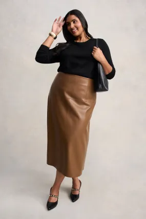 Easy Fashion Linen Cotton Mix Faux Leather Skirt - Tan