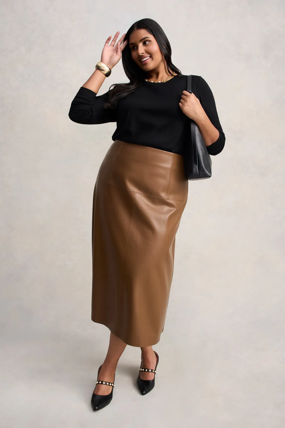 Easy Fashion Linen Cotton Mix Faux Leather Skirt - Tan