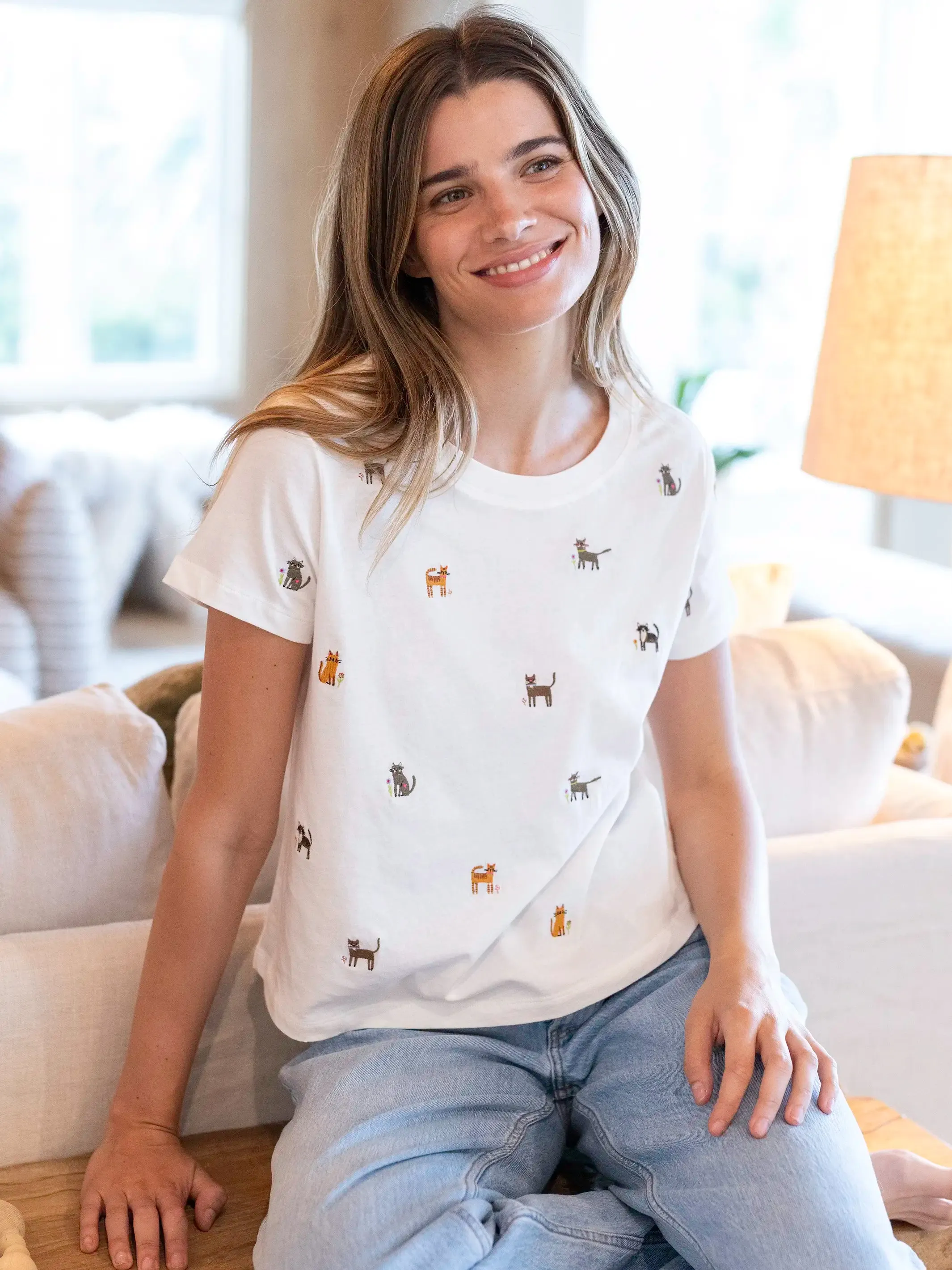 Fave Little Things Embroidered Tee - White Cats Sleek Fit Seasonal Staple