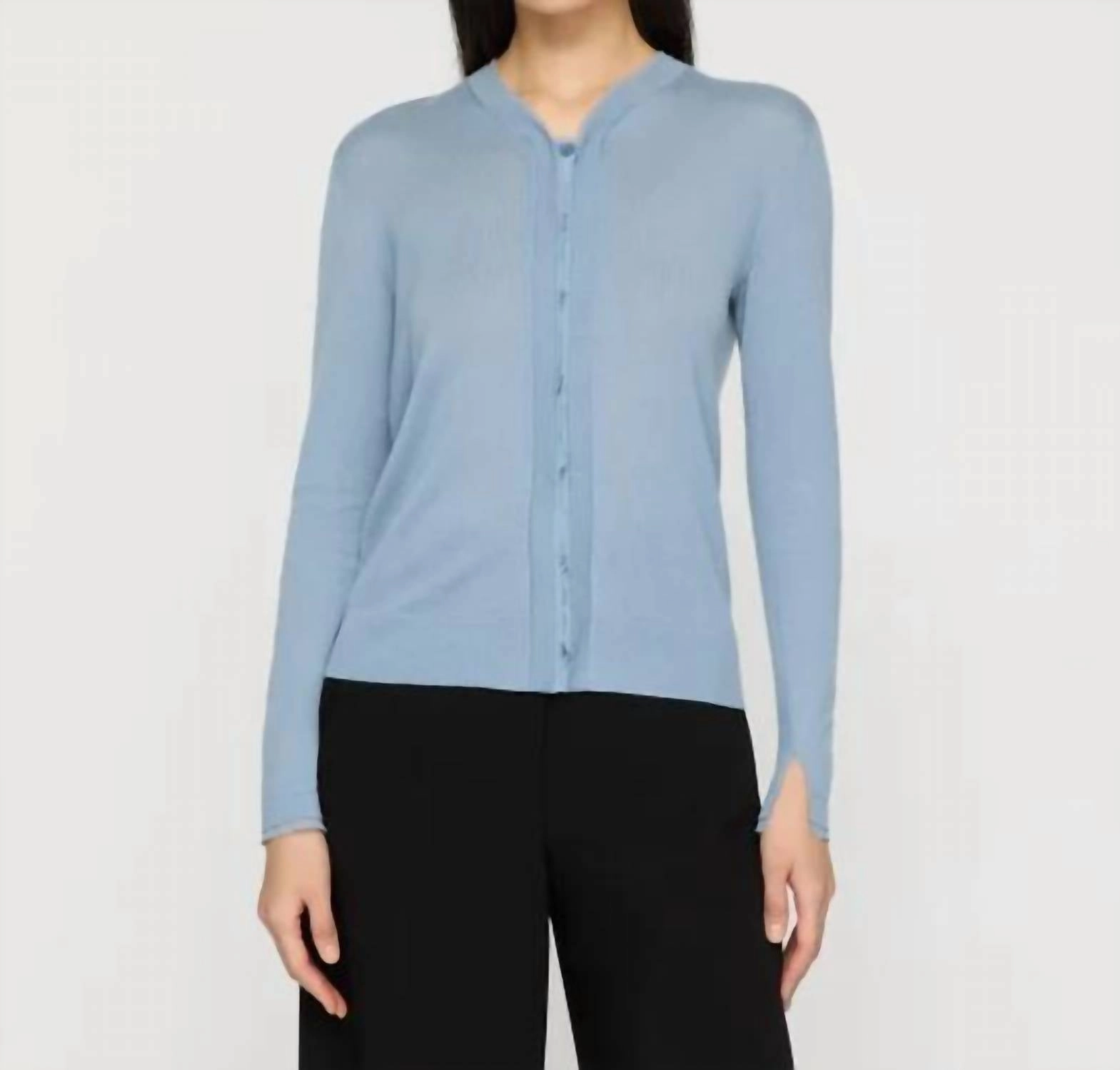Knitwear Design Winter Wear Fine Gauge Cashmere & Silk Cardigan In Paper Blue