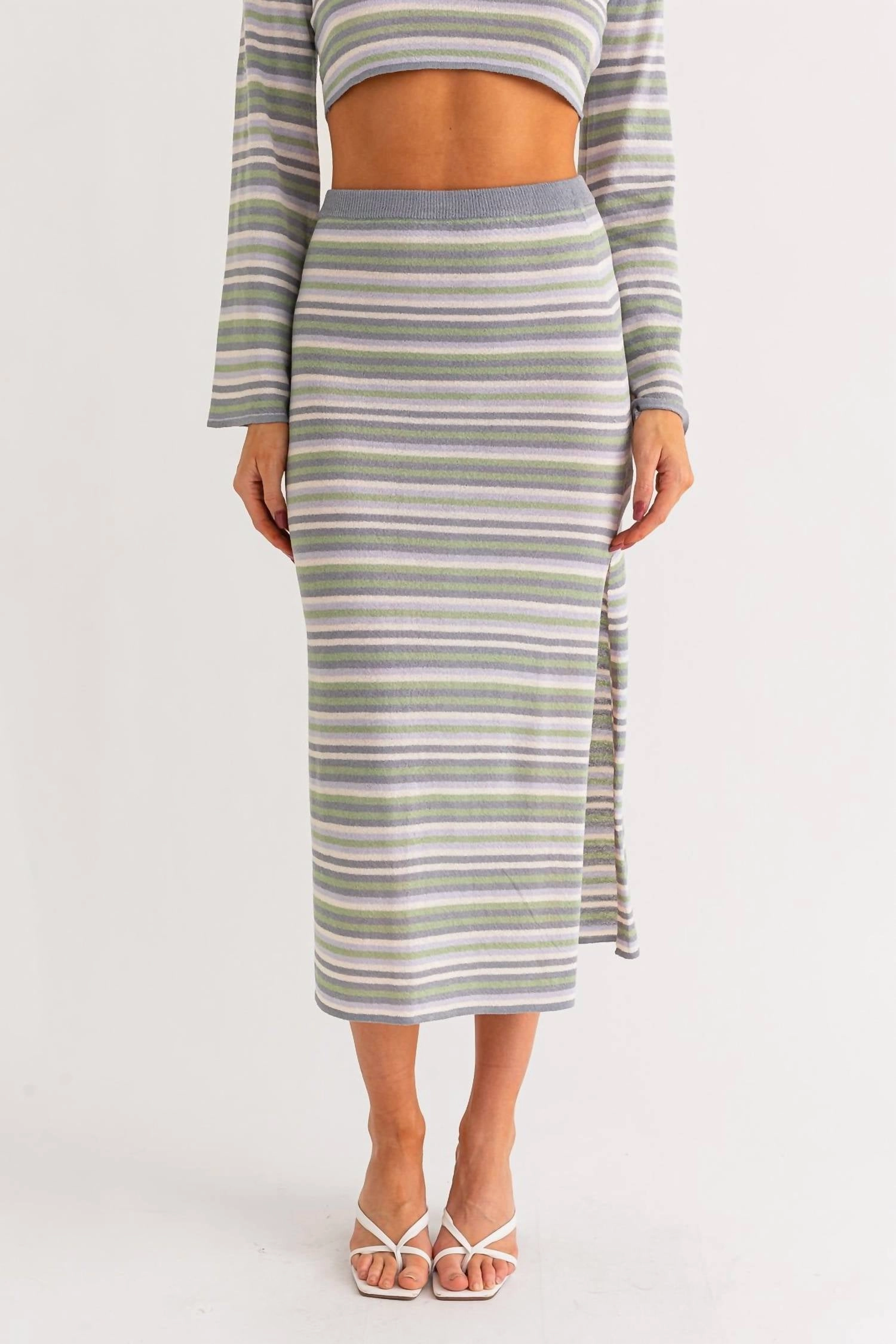 Saylor Stripe Midi Skirt In Multi Stripe Chill Look