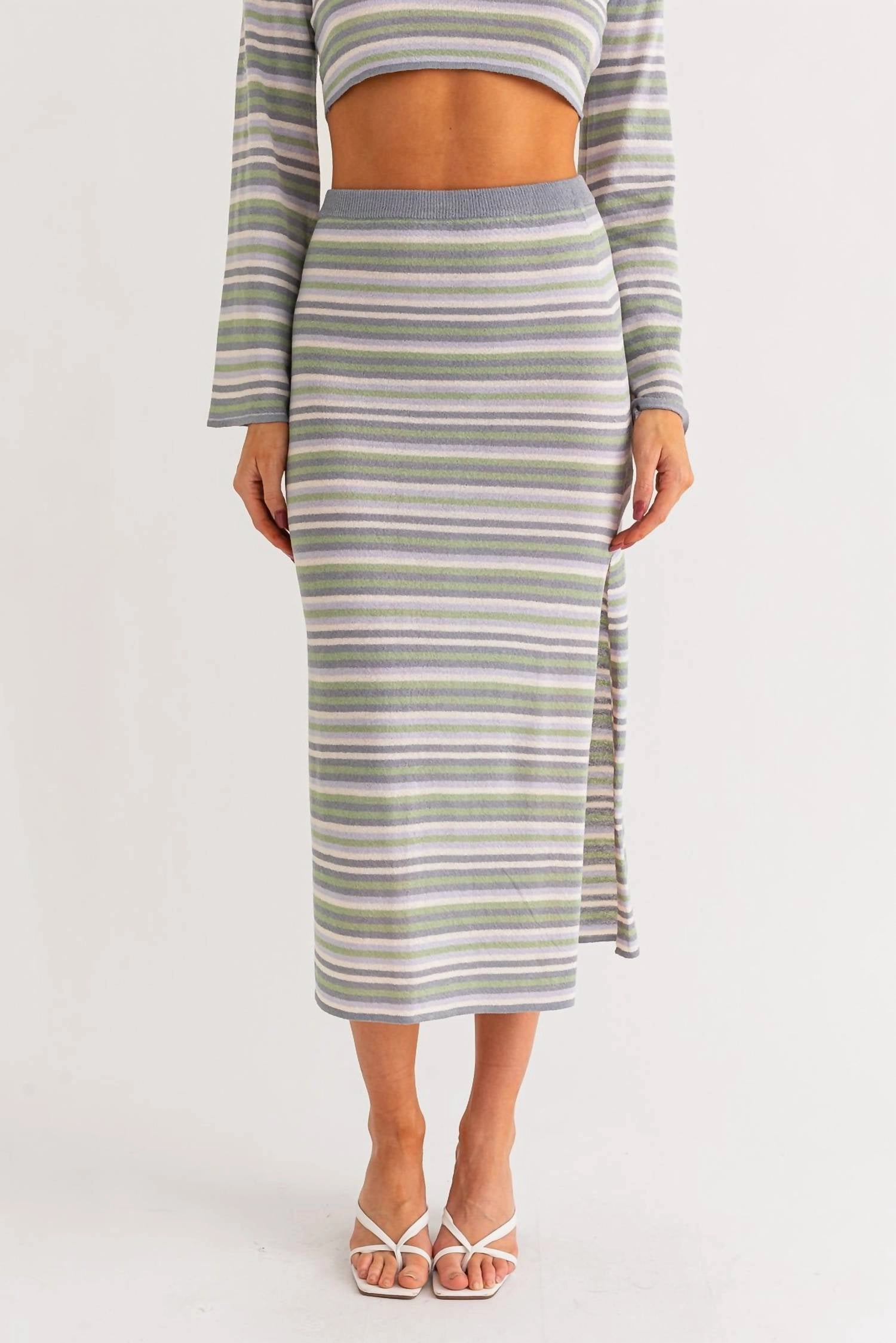 Saylor Stripe Midi Skirt In Multi Stripe Textured Surface
