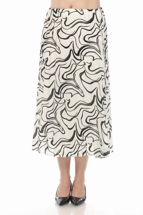 Chic Look Scribble Print Pleated Pull On Midi Skirt In Vanilla/black