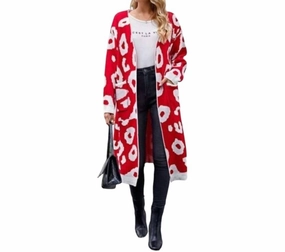 Open Front Leopard Print Cardigan In Red Odor Control Technology