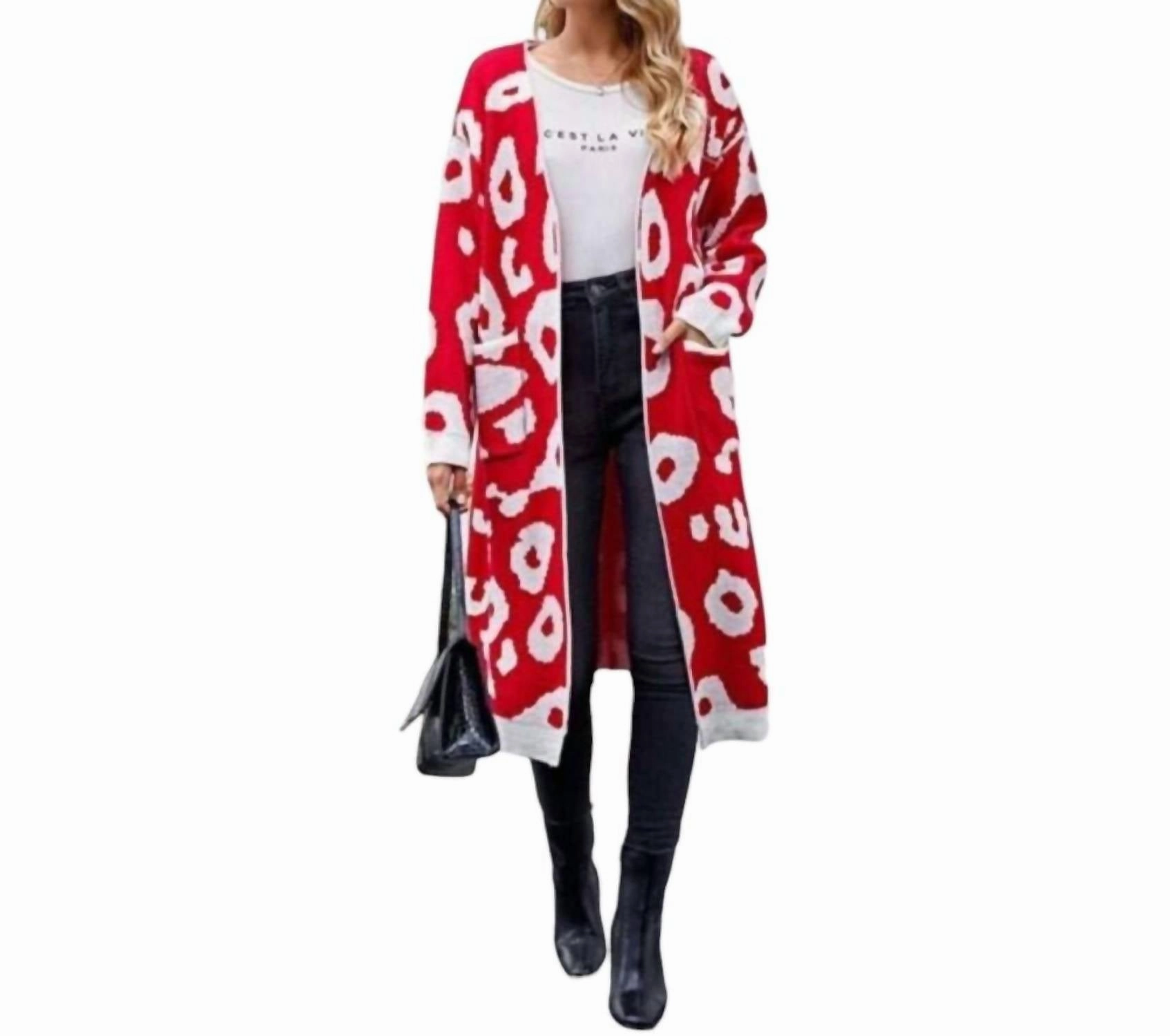 Open Front Leopard Print Cardigan In Red Cozy Knit Look