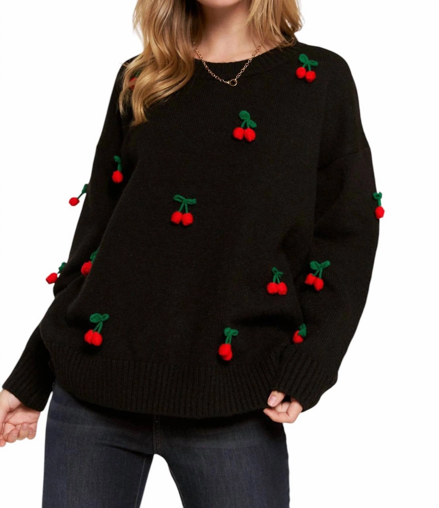 Shirley Temple Cherry Pom Sweater In Black Winter Comfort Layer
