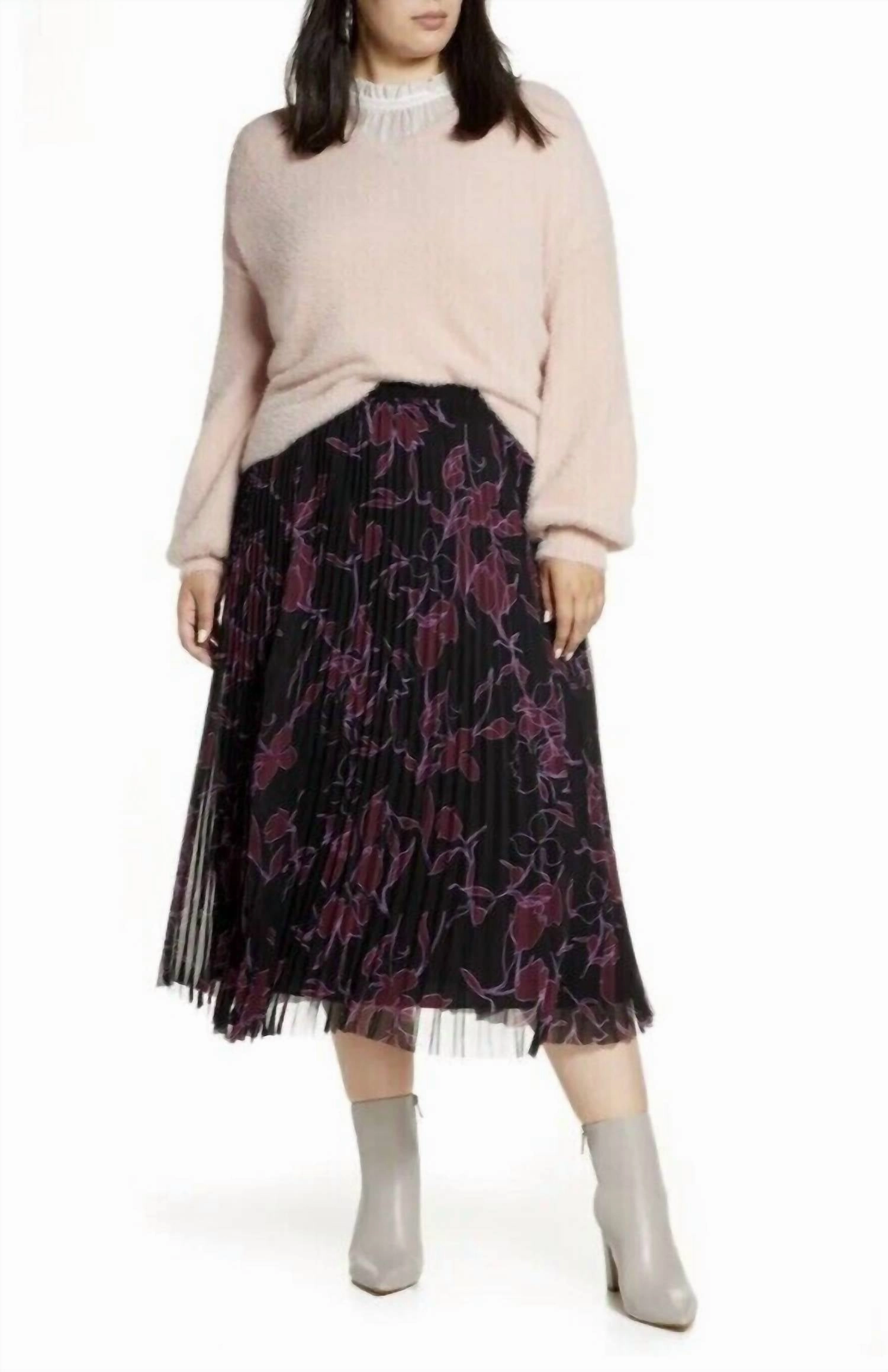 Runway Inspired Floral Pleated Elastic Waist Pleated Chiffon Midi Skirt In Multicolor