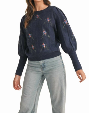 Textured Knit Flower Embroidered Sweater In Navy