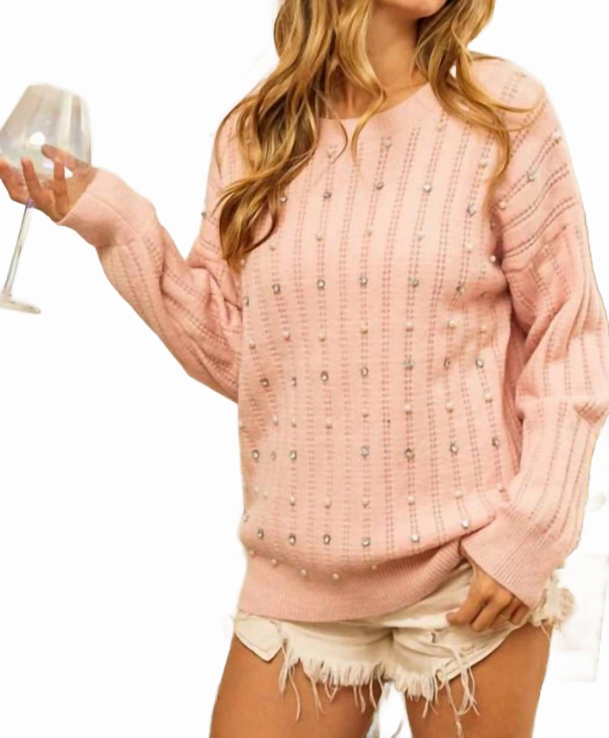 Pearl Rhinestone Pointelle Sweater In Blush Casual Knit Layer