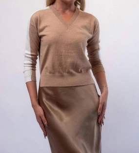 Casual Knit Frances Long Sleeve Sweater In Camel & White Ice