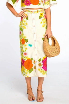 Frannie Button Front Printed Midi Skirt In Wildflower Ivory Maxi length Layer Combo