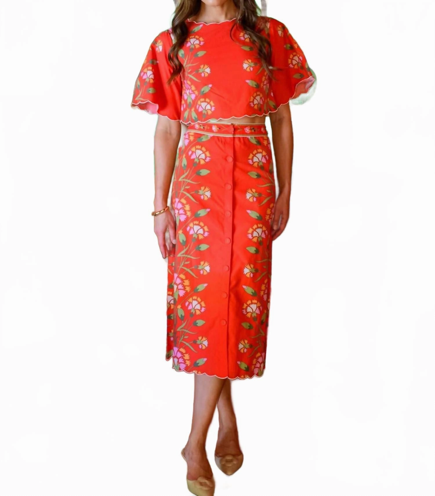 Non Slip Waist Frannie Skirt-Indian Flower In Red