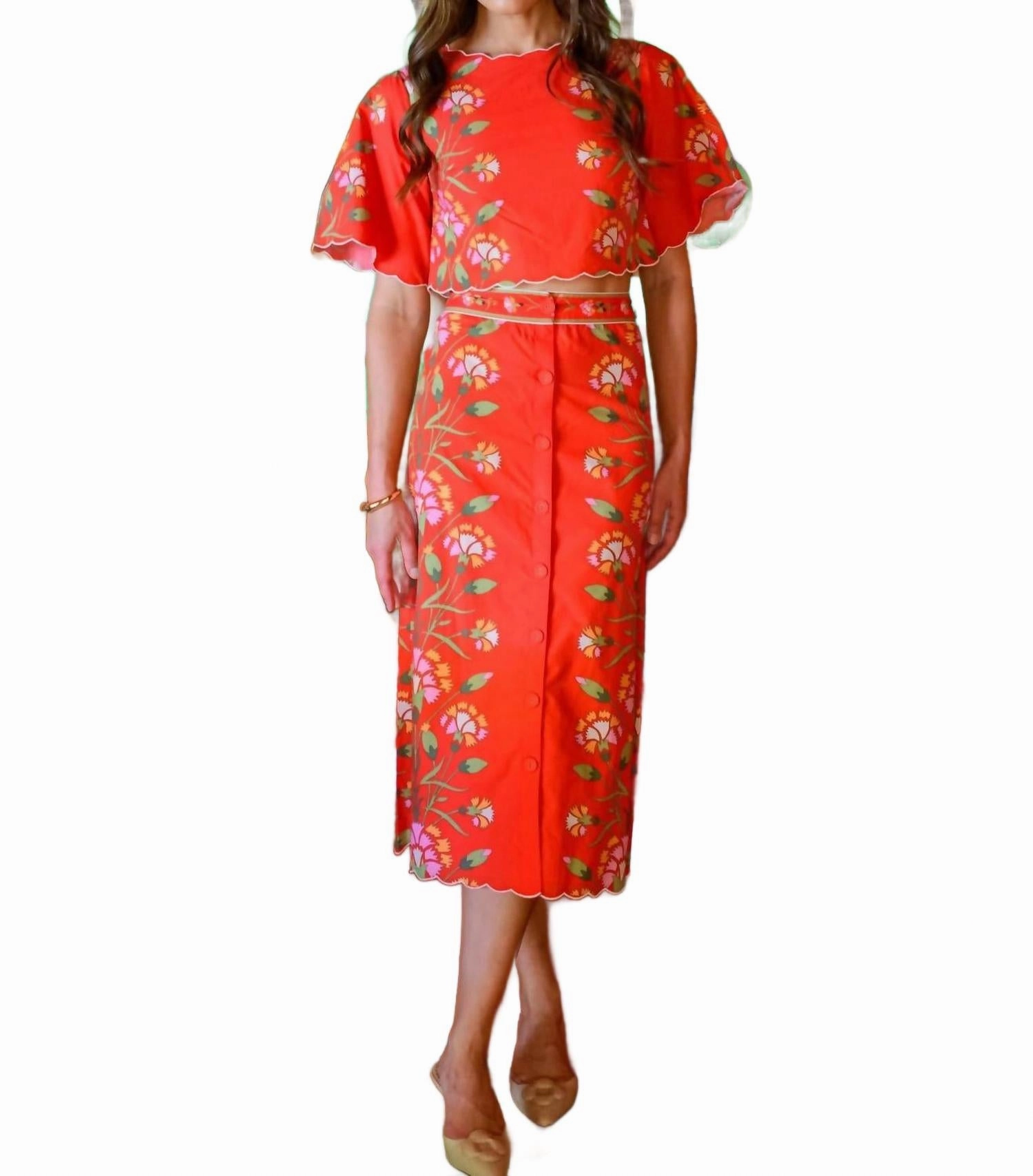 Contoured Waist Frannie Skirt-Indian Flower In Red