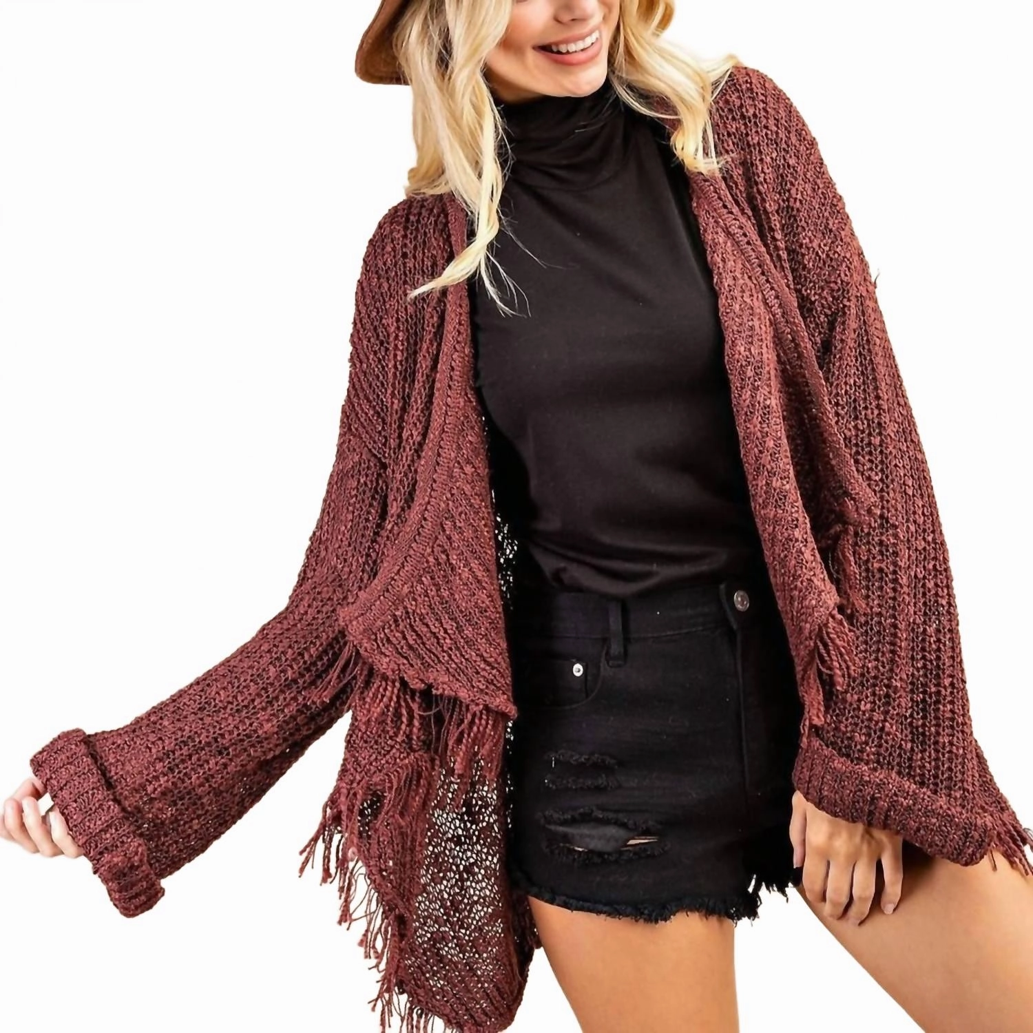 Frayed Drape Sweater Cardigan In Burgundy Thermal Insulation Technology Knit Perfection