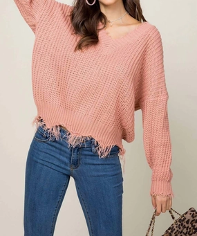 Eco Friendly Knitwear Frayed V-Neck Sweater In Terra Cotta