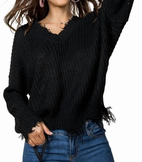 Frayed Zig Zag Sweater In Black Cozy Choice
