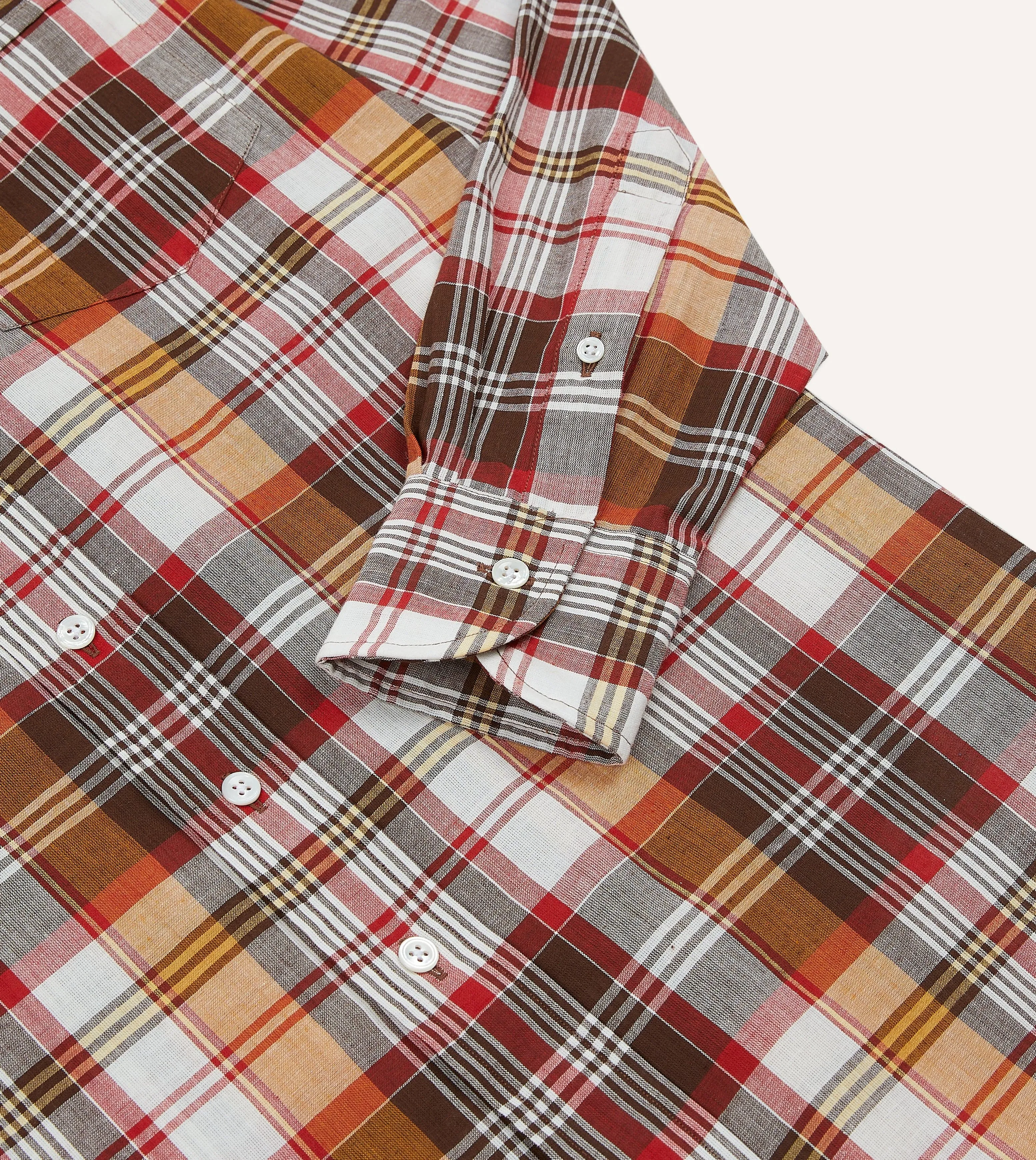 Brown and Red Madras Check Cotton Button-Down Shirt Petite Option Holiday Outfit
