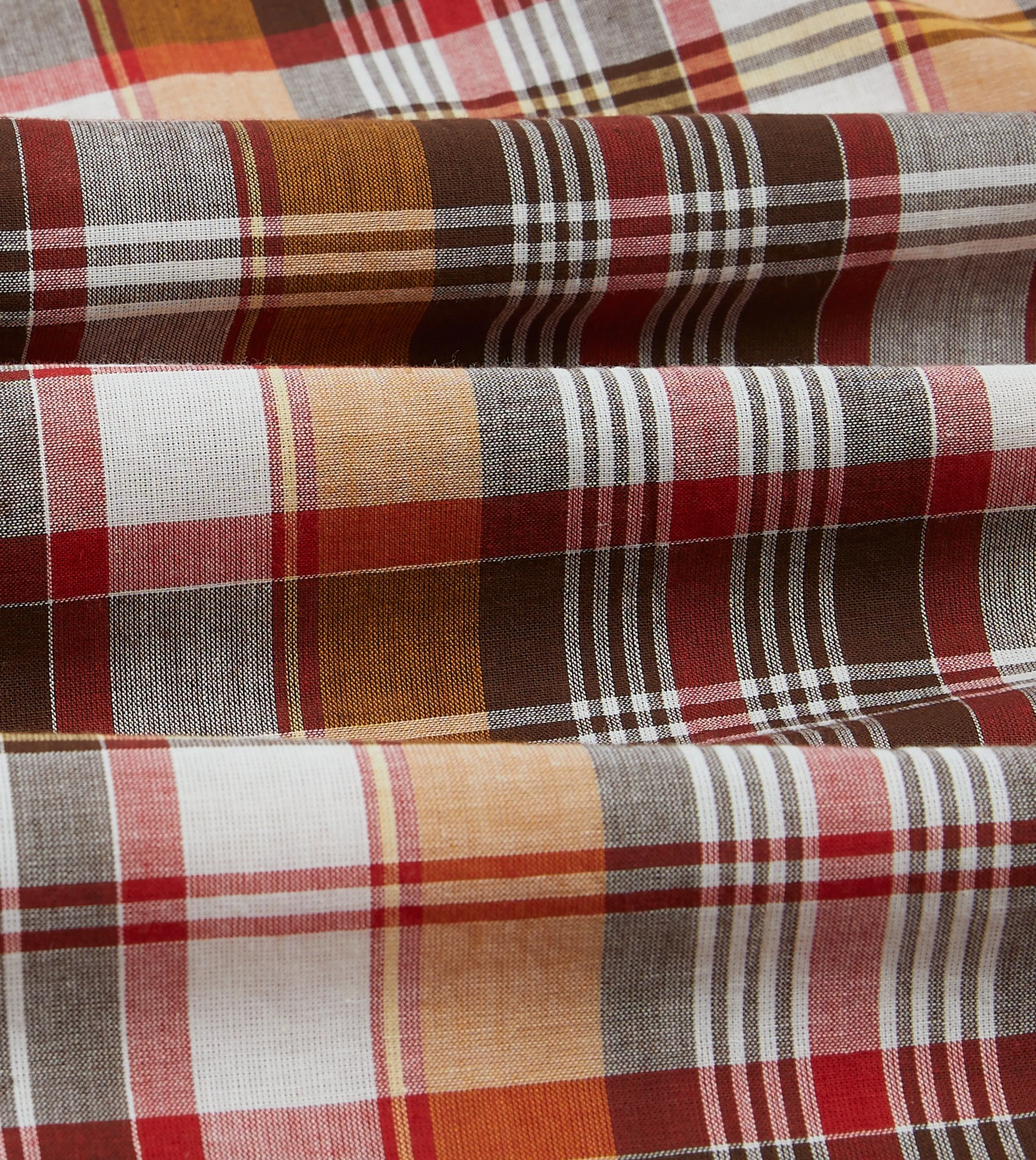 Brown and Red Madras Check Cotton Button-Down Shirt Polo Style