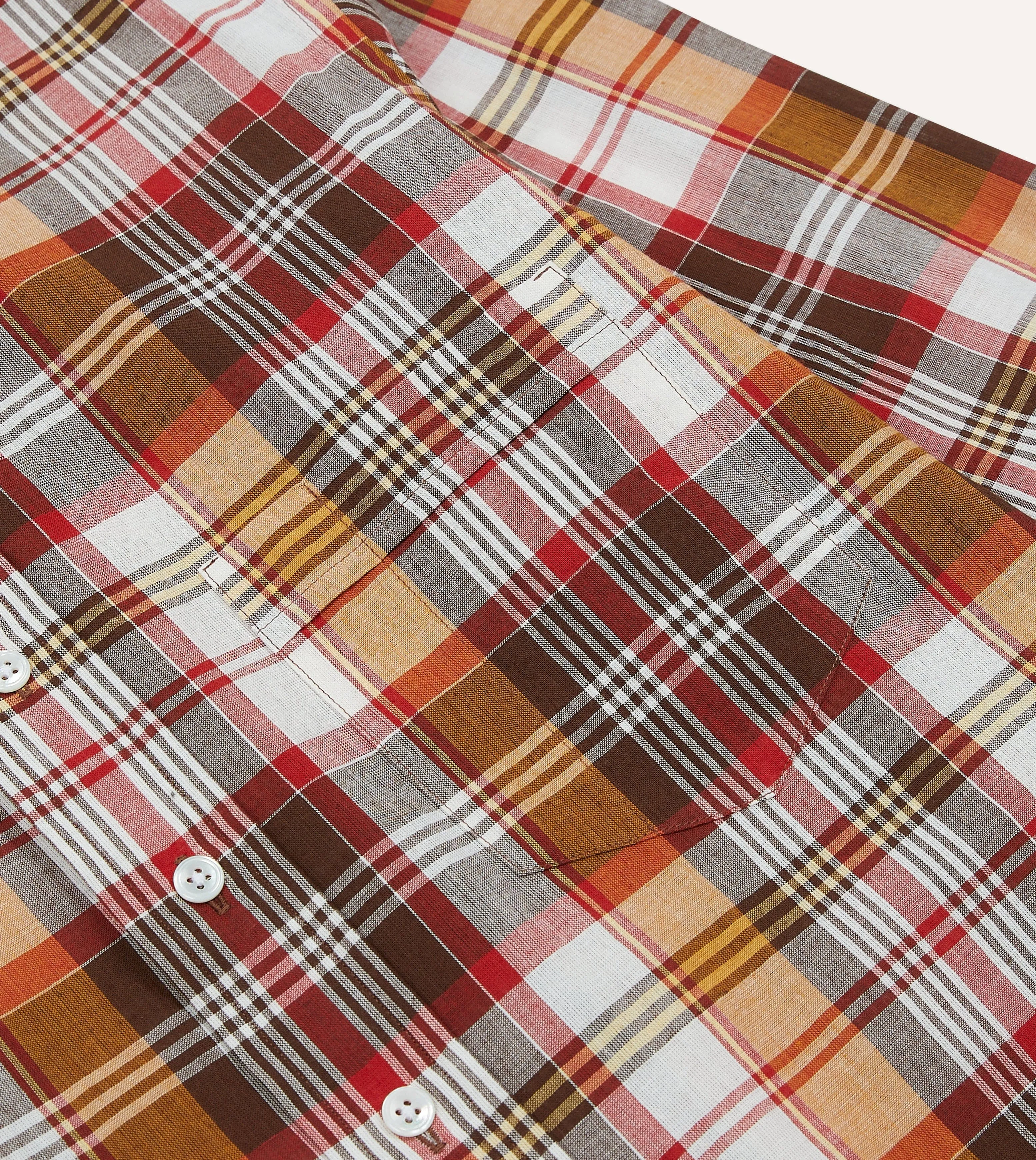 Brown and Red Madras Check Cotton Button-Down Shirt Flexible Shoulder Panels Anti Pill Technology