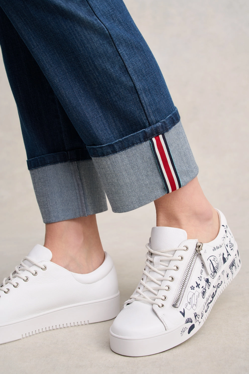 French Print Sneaker - White & Navy perforated panels