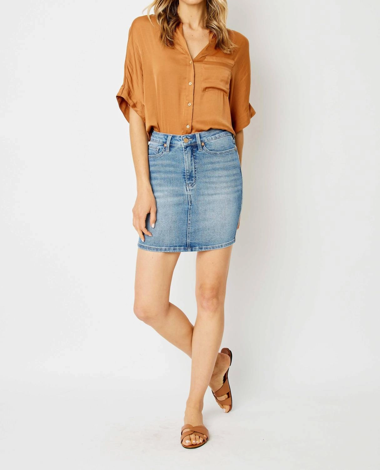 Sleek Styling Outfit Moodset High Waist Tummy Control Denim Skirt In Medium Wash