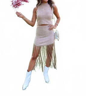 Fringe Knit Sweater Skirt Set In Tan Modern Look casual finish