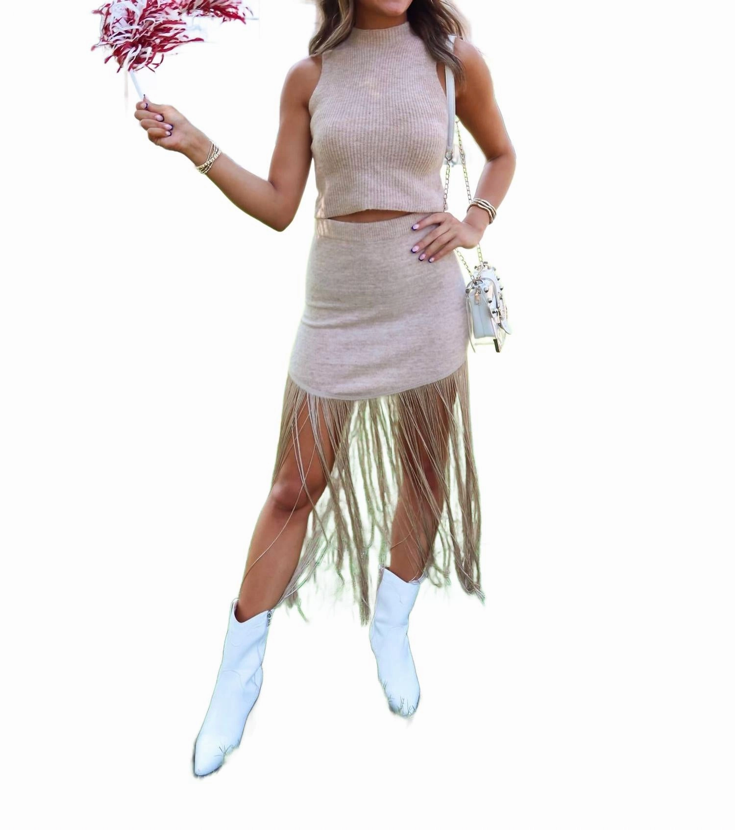 Fringe Knit Sweater Skirt Set In Tan Modern Look casual finish