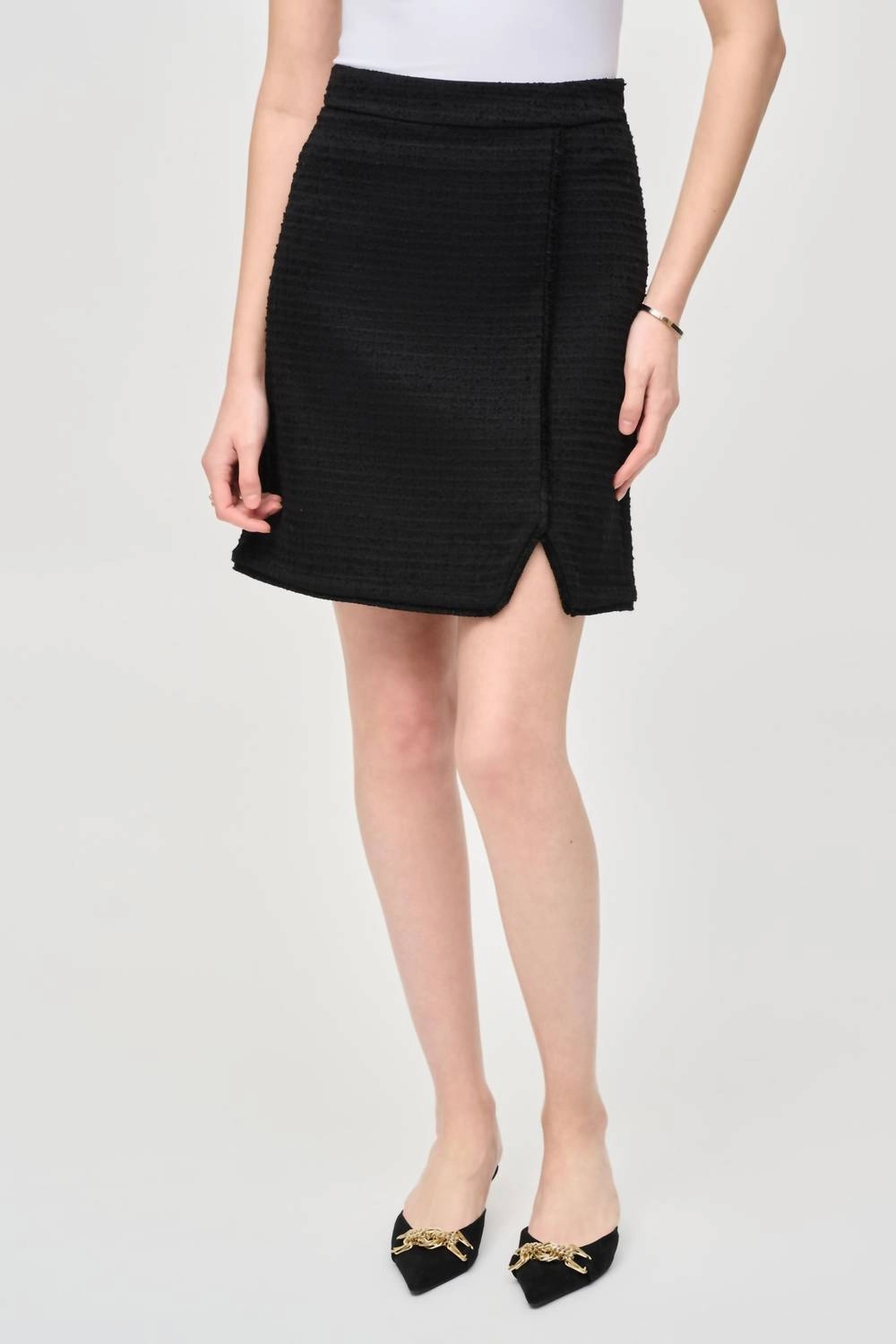 Fringe Trim Boucl High Rise A-Line Skirt In Black Sporty Edge