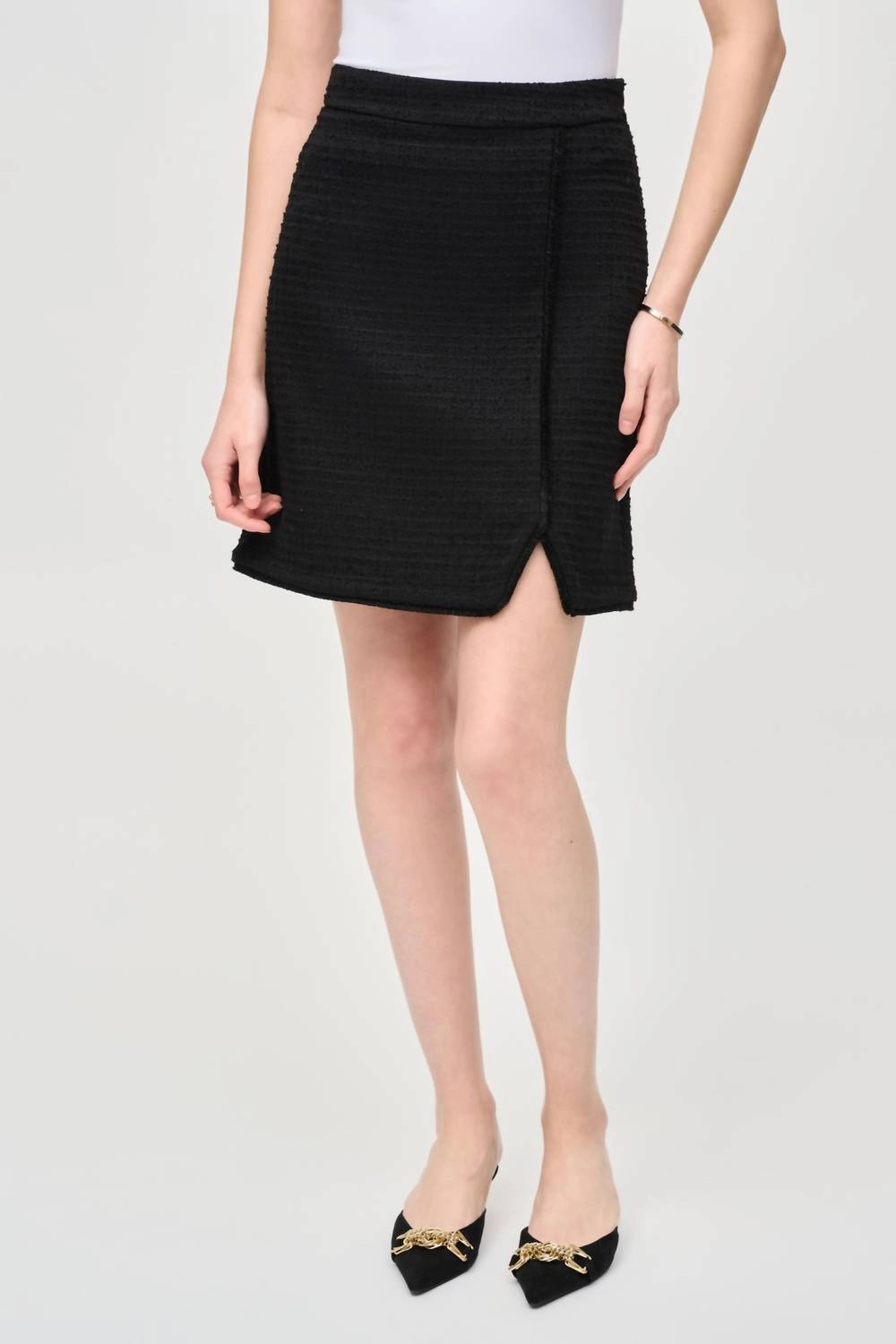 Cruise Attire Glossy Texture Fringe Trim Boucl High Rise A-Line Skirt In Black