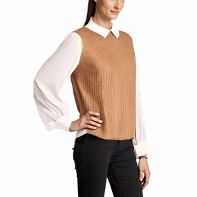 Womens Cable Knit Sheer Sleeves Pullover Sweater Trendy Winter