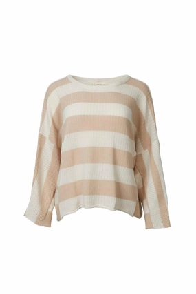 Hypoallergenic Fiber Comfy Winter Wear Lightweight Striped Cotton Sweater In Beige/ivory