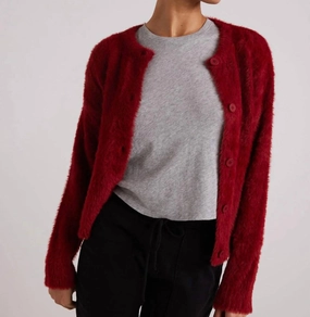 Hygroscopic Fiber Blend Effortless Knit Fuzzy Crew Neck Cardigan In Ruby Red