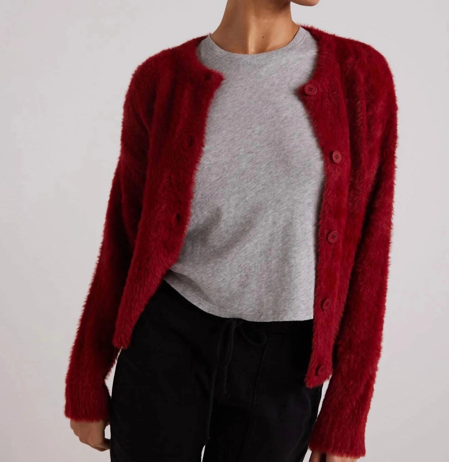 Fuzzy Crew Neck Cardigan In Ruby Red Snug Knit Chilly Weather