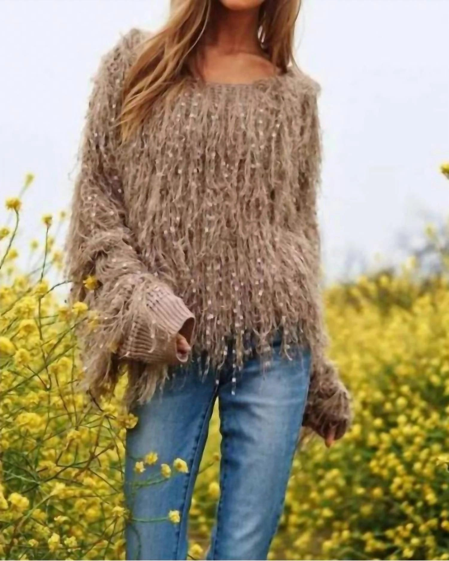 Fuzzy Embellished Sweater In Taupe Chilly Weather Warm Comfort